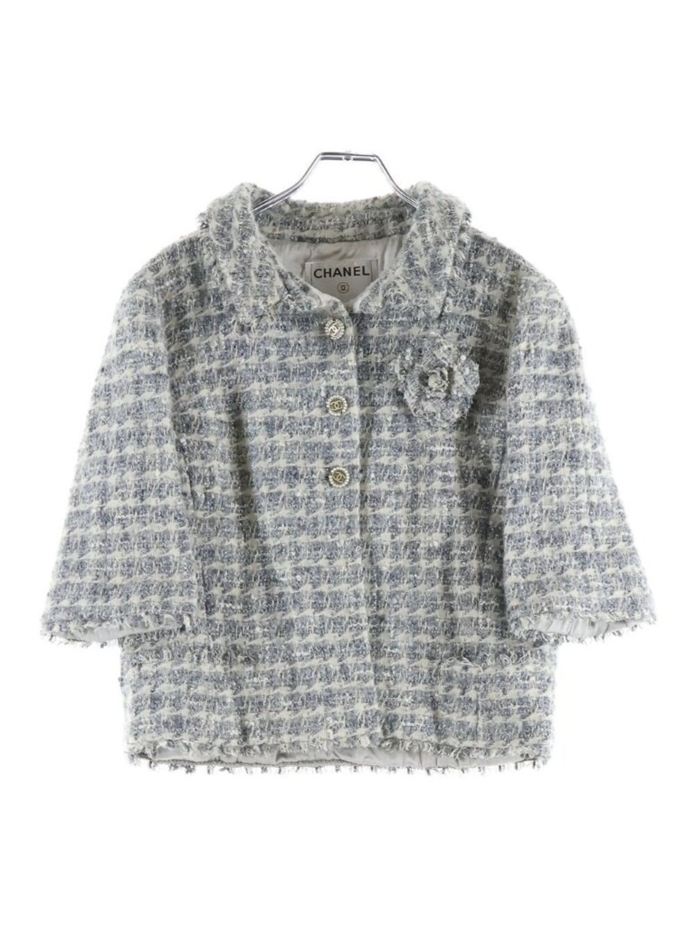 Chanel 05A CC Logo Pearl Button Fancy Glitter Tweed Sleeve Soutien Collar